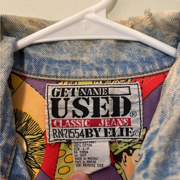 Get Used by Elie Vintage Denim Jacket with Colorful Patchwork, Size Small Womens
